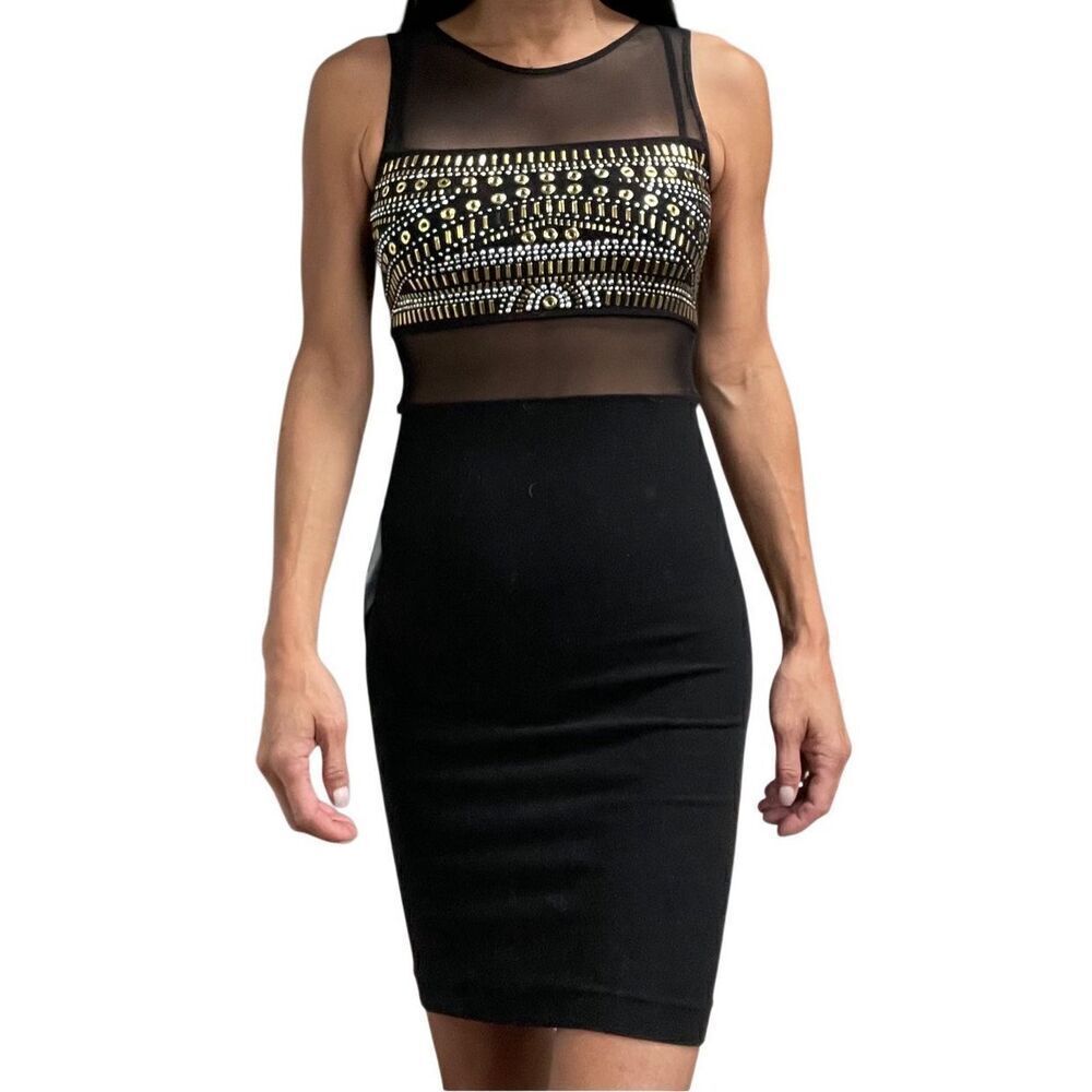 NWT Bebe Black Mesh See Through Gold Silver Studded Mini Tank Dress  - Size Smal